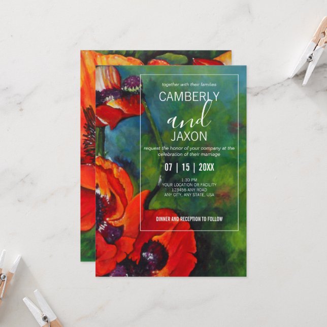 Orangefarbene Poppies Hochzeitsfeier Einladung (Vorderseite/Rückseite Beispiel)