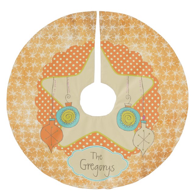 Orangefarbene Punkte und Schneeflocken Personalisi Polyester Weihnachtsbaumdecke (Vorderseite)