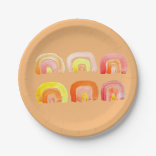 Orangefarbene Regenbogen-niedliche Retrografik Pappteller