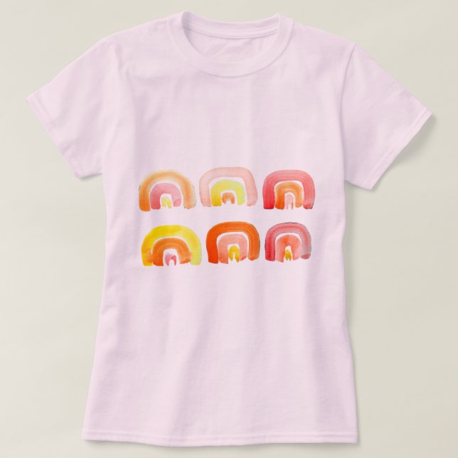 Orangefarbene Regenbogen-niedliche Retrografik T-Shirt (Design vorne)