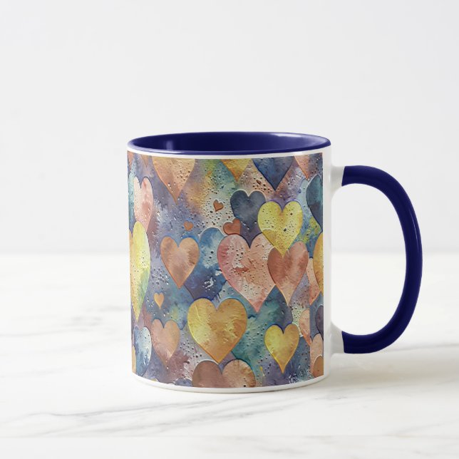 orangefarbene rosa blaue gelbe Herzen Tasse (Rechts)