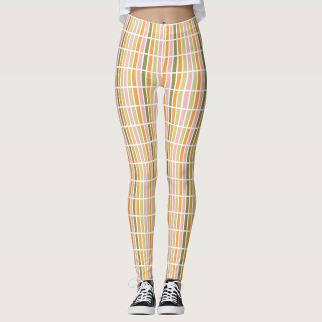Orangefarbene Rosa Gold und grüne Streifen Leggings (Vorderseite)