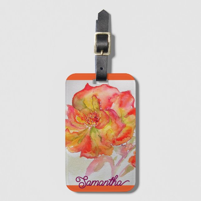 Orangefarbene Rose Aquarellmalerei Tote Beutel Gepäckanhänger (Vorderseite Vertikal)