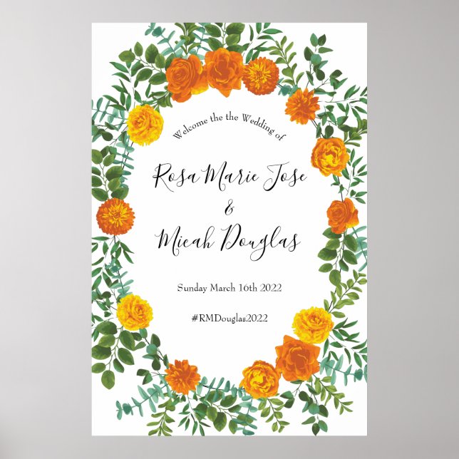 Orangefarbene Rose Hochzeit florale Moderne Poster (Vorne)