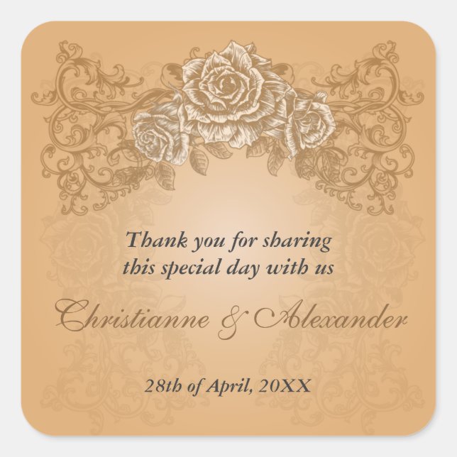 Orangefarbene Rose Hochzeitsticker Quadratischer Aufkleber (Vorderseite)