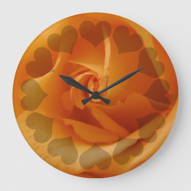 Orangefarbene Rose mit Herz Große Wanduhr (Vorderseite)