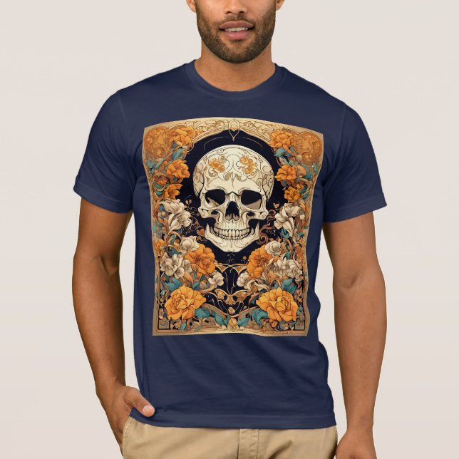Orangefarbene Rose rund um ein Cranium Art Nouveau T-Shirt (Vorderseite)