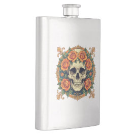 Orangefarbene Rose und Cranium Flachmann
