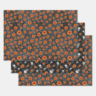 Orangefarbene Schädel und Sonnenblumen, Design 4 Geschenkpapier Set