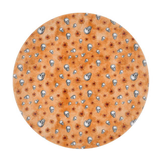 Orangefarbene Schädel und Sonnenblumen, Design 8 Schneidebrett (Vorderseite)