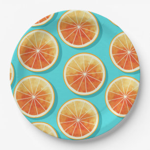 Orangefarbene Scheiben auf blau Pappteller