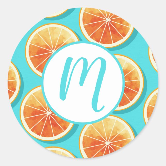 Orangefarbene Scheiben auf blau Runder Aufkleber (Vorderseite)