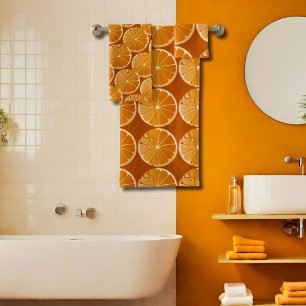 Orangefarbene Scheiben in gebrannter Orange Badhandtuch Set