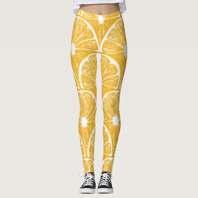 Orangefarbene Scheiben, Muster tropischer Früchte Leggings (Vorderseite)