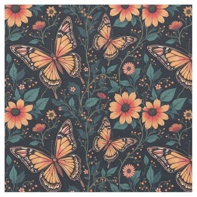 Orangefarbene Schmetterlinge und Blume Stoff (Nahaufnahme)