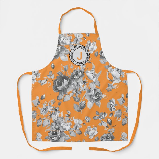 Orangefarbene Schürze mit Blume und Monogramm (Vorderseite)
