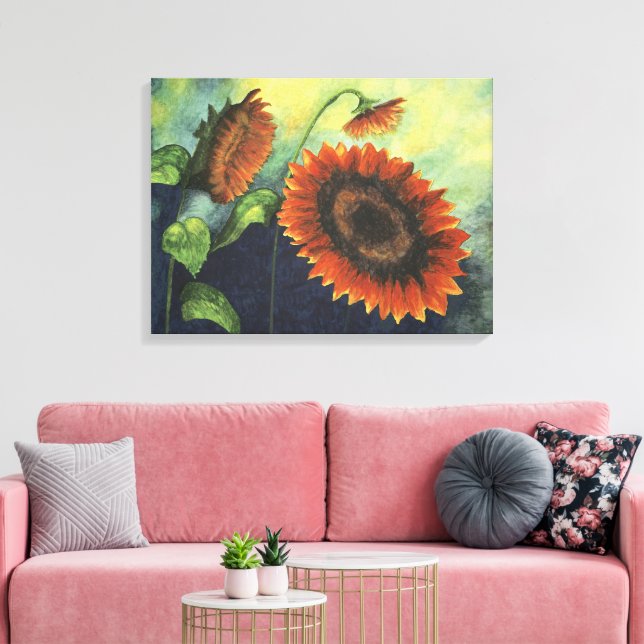 Orangefarbene Sonnenblumen Aquarellmalerei auf Lei Leinwanddruck (Insitu (Wohnzimmer))