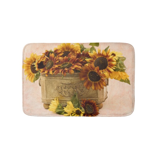 Orangefarbene Sonnenblumen im Körbchen Badematte (Vorderseite)