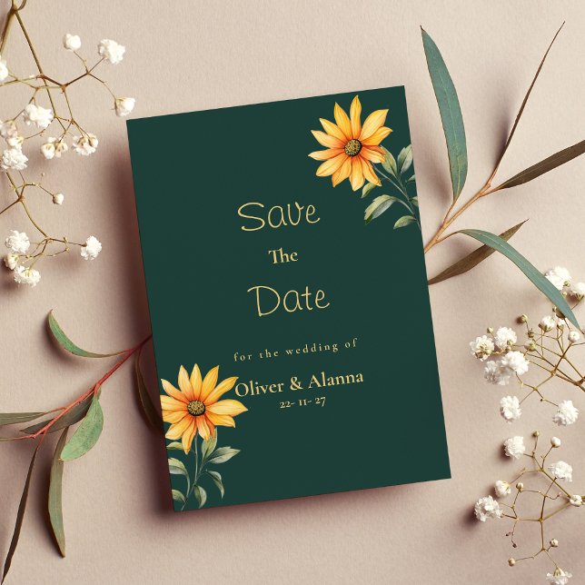 Orangefarbene Sonnenblumen Save the Date Einladung (Orange green gold sunflower floral Save The Date )