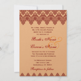 Orangefarbene Spitzen-Damask Hochzeitsgold-Metalli Einladung