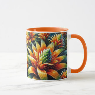Orangefarbene Tasse mit gelb-grün leuchtenden Blum