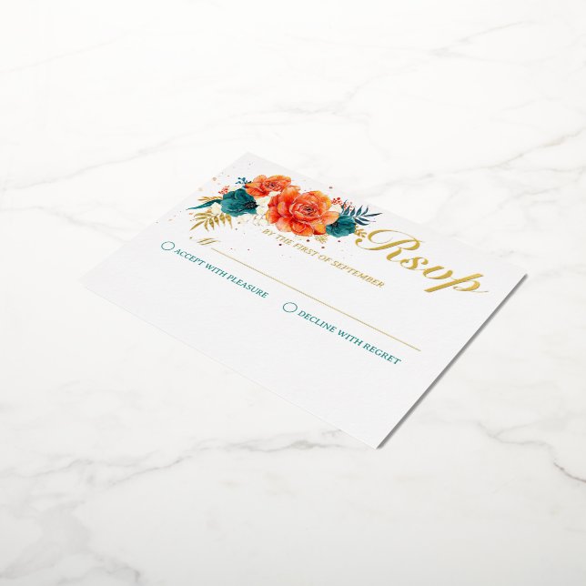 Orangefarbene und Aquamarine Blumenhochzeit RSVP Folie Einladungspostkarte (Gedreht)