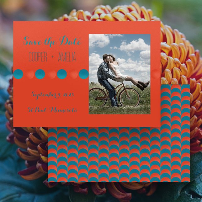 Orangefarbene und Aquamarine Save the Date flache  (Burnt Orange and Teal Save the Date horizontal flat card with your photo)