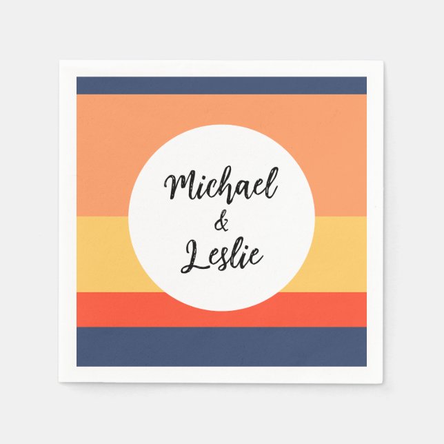 Orangefarbene und blau-flache Hochzeitsnapkins Serviette (Vorderseite)