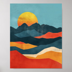 Orangefarbene und blaue Berge Landschaft Poster