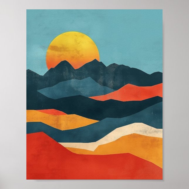 Orangefarbene und blaue Berge Landschaft Poster (Vorne)