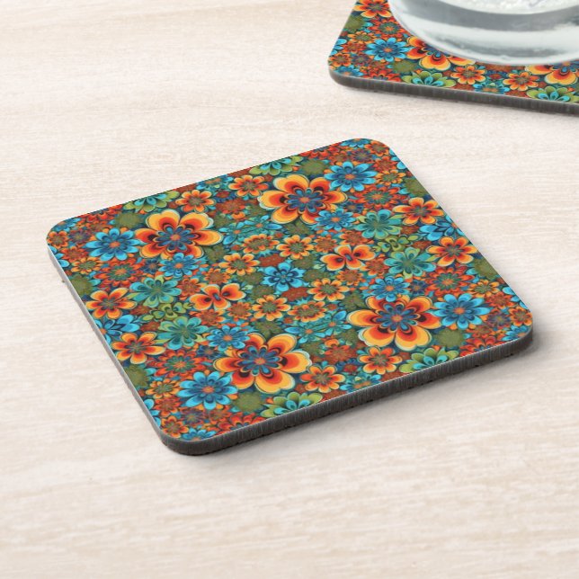 Orangefarbene und blaue Blumen Getränkeuntersetzer (Linke Seite)