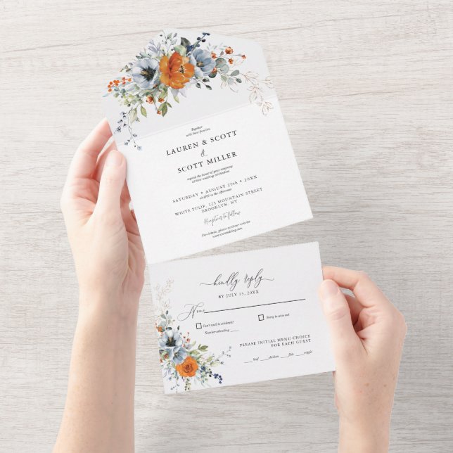 Orangefarbene und blaue Blütenblüte auf einer Hoch All In One Einladung (Abreißen)