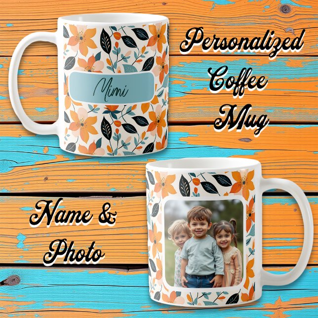Orangefarbene und blaue Folien und Blume Personali Kaffeetasse (Von Creator hochgeladen)