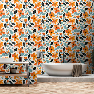 Orangefarbene und blaue Folien und Blume Tapete