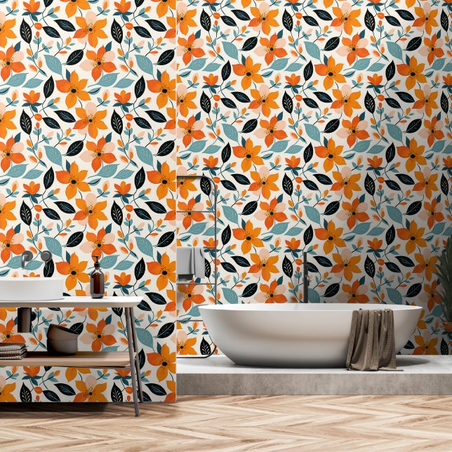 Orangefarbene und blaue Folien und Blume Tapete (Badezimmer)