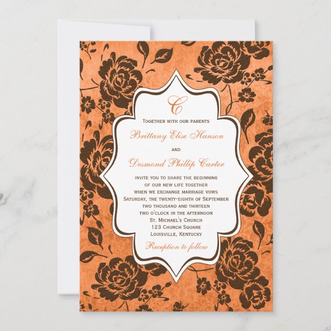Orangefarbene und braune Flora Damask Einladung zu (Vorderseite)