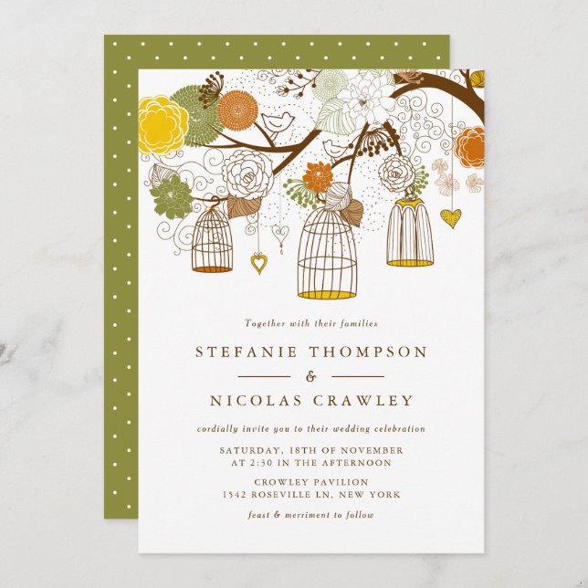 Orangefarbene und gelbe hangende Birdcages Hochzei Einladung (Vorne/Hinten)