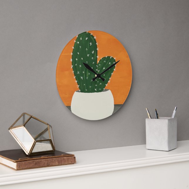 Orangefarbene und graue Acrylkakteen Große Wanduhr (Büro)