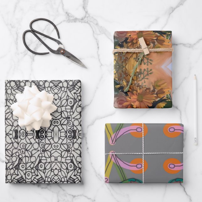 Orangefarbene und graue Blume und Doodles Geschenkpapier Set (Vorderseite)