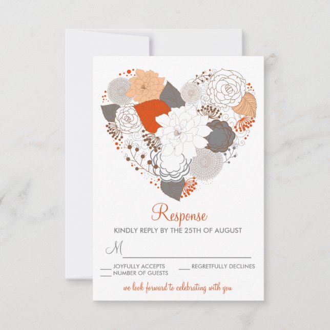 Orangefarbene und graue Herzklopfen Blume Hochzeit RSVP Karte (Vorderseite)