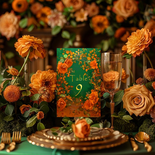 Orangefarbene und grüne Druiden-Hochzeit Tischnummer (Druid Hill Autumn Wedding Table Number )