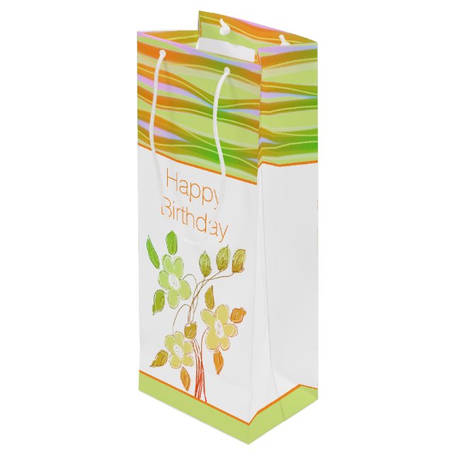 Orangefarbene und grüne Flower-Geschenktasche Geschenktüte Für Weinflaschen (Rückseite Schrägansicht)