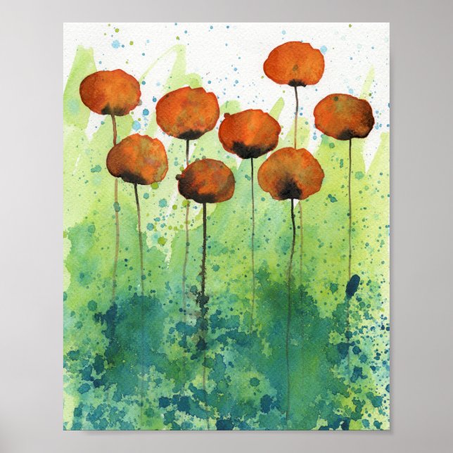 Orangefarbene und grüne Pflaumen, Aquarellmauer, B Poster (Vorne)