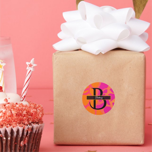 Orangefarbene und heiß rosa Farbenmonogramm Runder Aufkleber (Party)