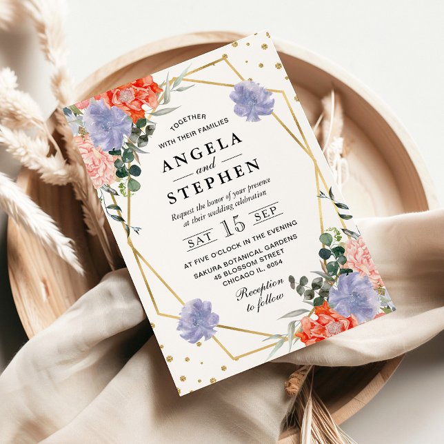 Orangefarbene und lila Blumen Goldrahmen Hochzeit  Einladung (Von Creator hochgeladen)