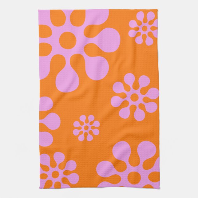 Orangefarbene und rosa Retro-Blume Handtuch (Vertikal)