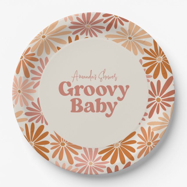 Orangefarbene und rosa Retro Blumenstrauß Kinderdu Pappteller (Vorderseite)