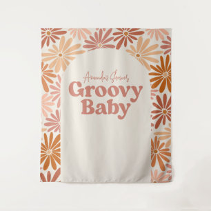 Orangefarbene und rosa Retro Floral Groovy Baby Hi Wandteppich