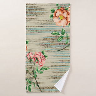 Orangefarbene und rosa Vintage Blume mit grünen Bl Badehandtuch