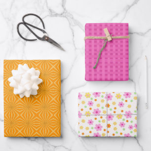 Orangefarbene und rosafarbene Streifen farbenfroh Geschenkpapier Set